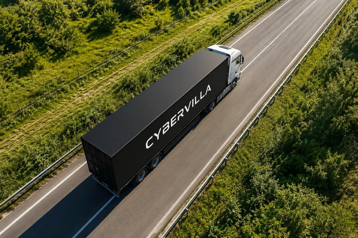CyberVilla container on the highway — a house riding the freight network