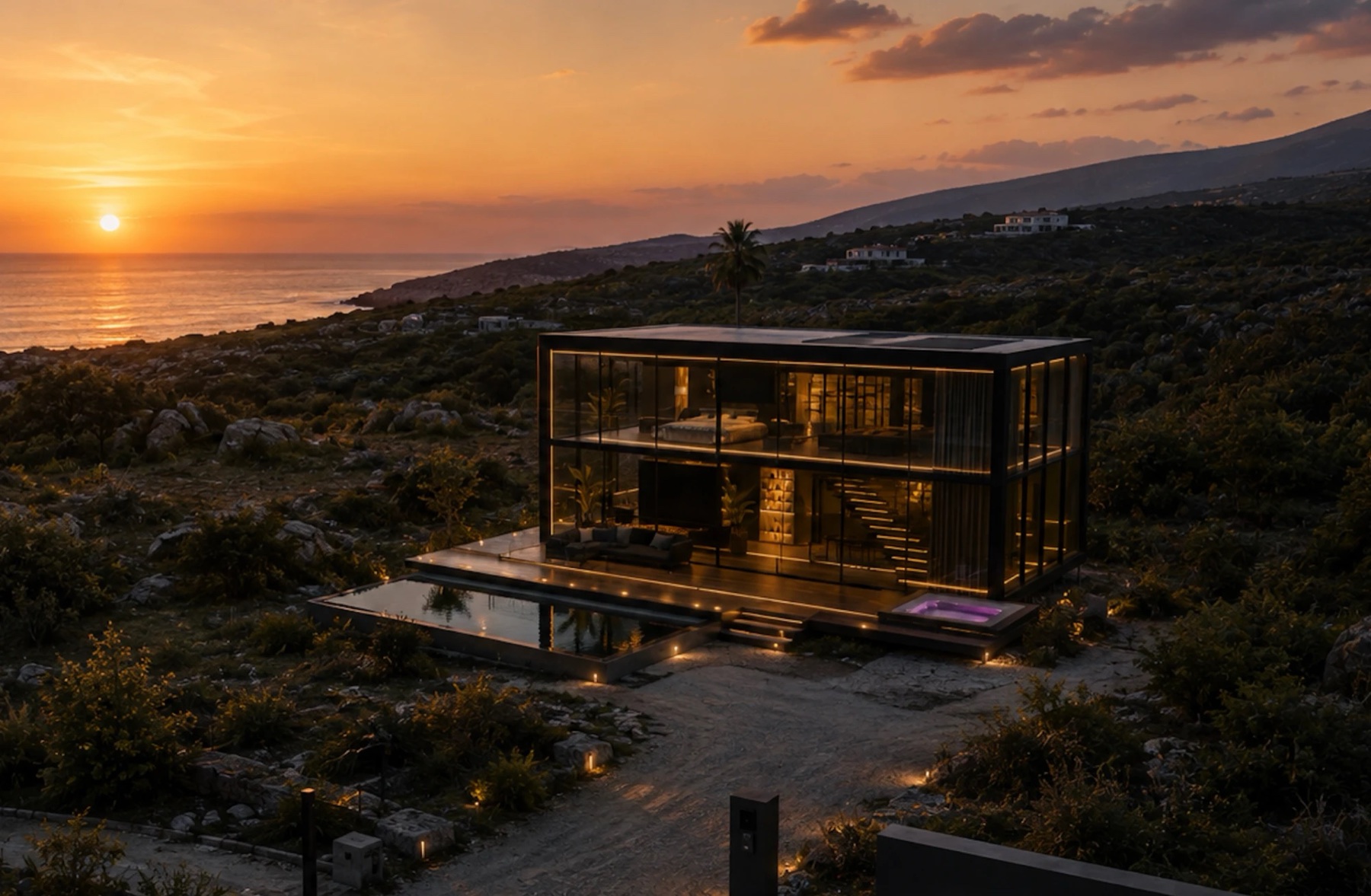 CyberVilla One concept render — deployed on a coastline at sunset